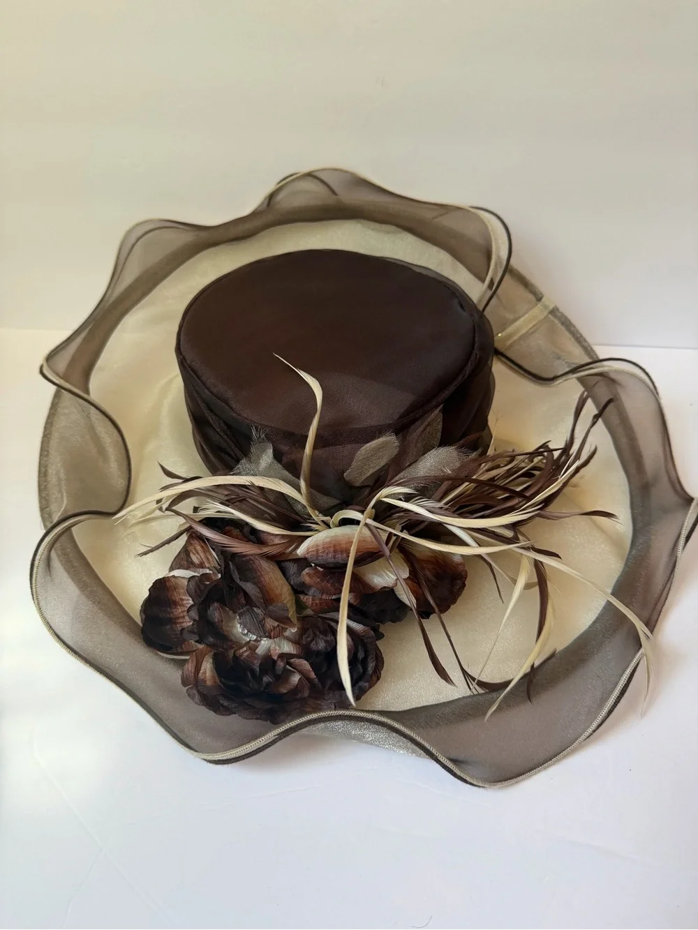 Whittall & Shon Brown Beige Organza Derby Church Hat Floral Feather EUC
